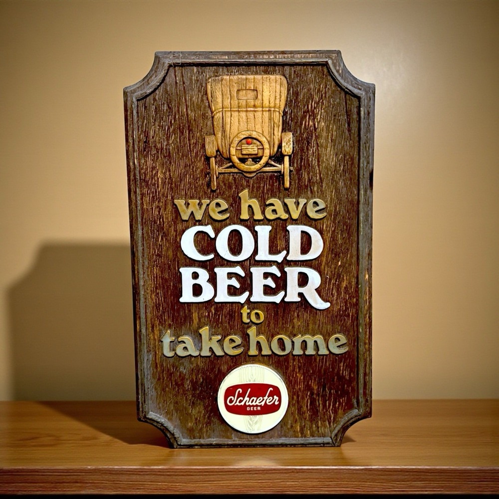 Vintage Schaefer Beer Sign 20x12" We Have Cold Beer To Take Home Faux Wood READ